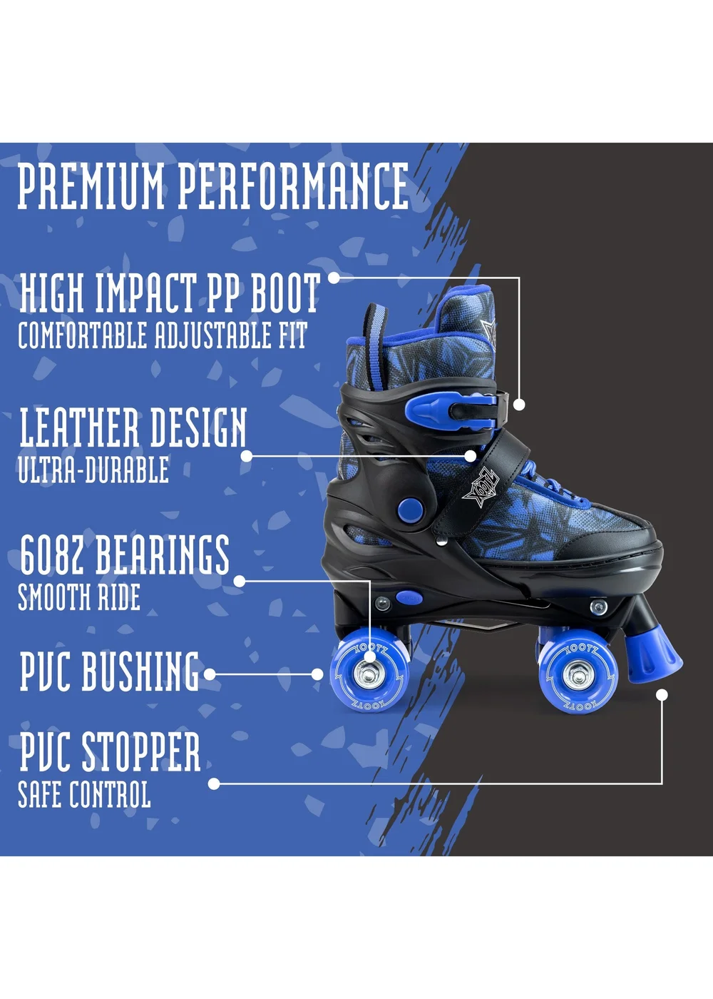 Xootz Semi Soft Jet Skates, Kids Adjustable Roller Skates, Blue Quad Skates with PVC Wheels - M Image 5