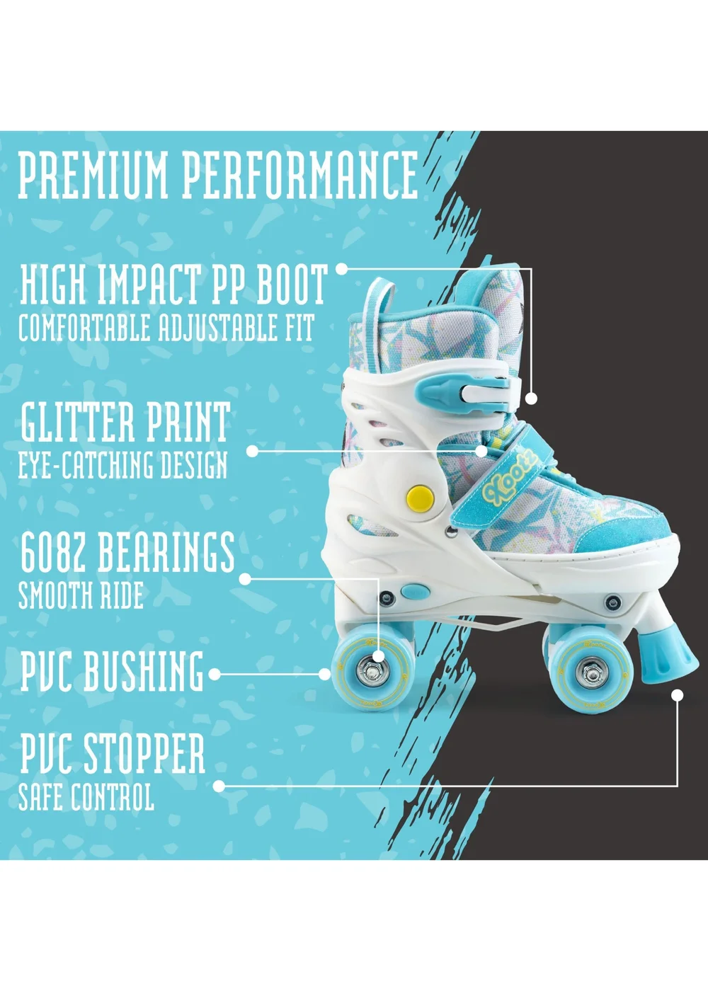 Xootz Semi Soft Bubblegum Skates, Kids Adjustable Roller Skates, Glitter Print Quad Skates with PVC Wheels - M Image 5