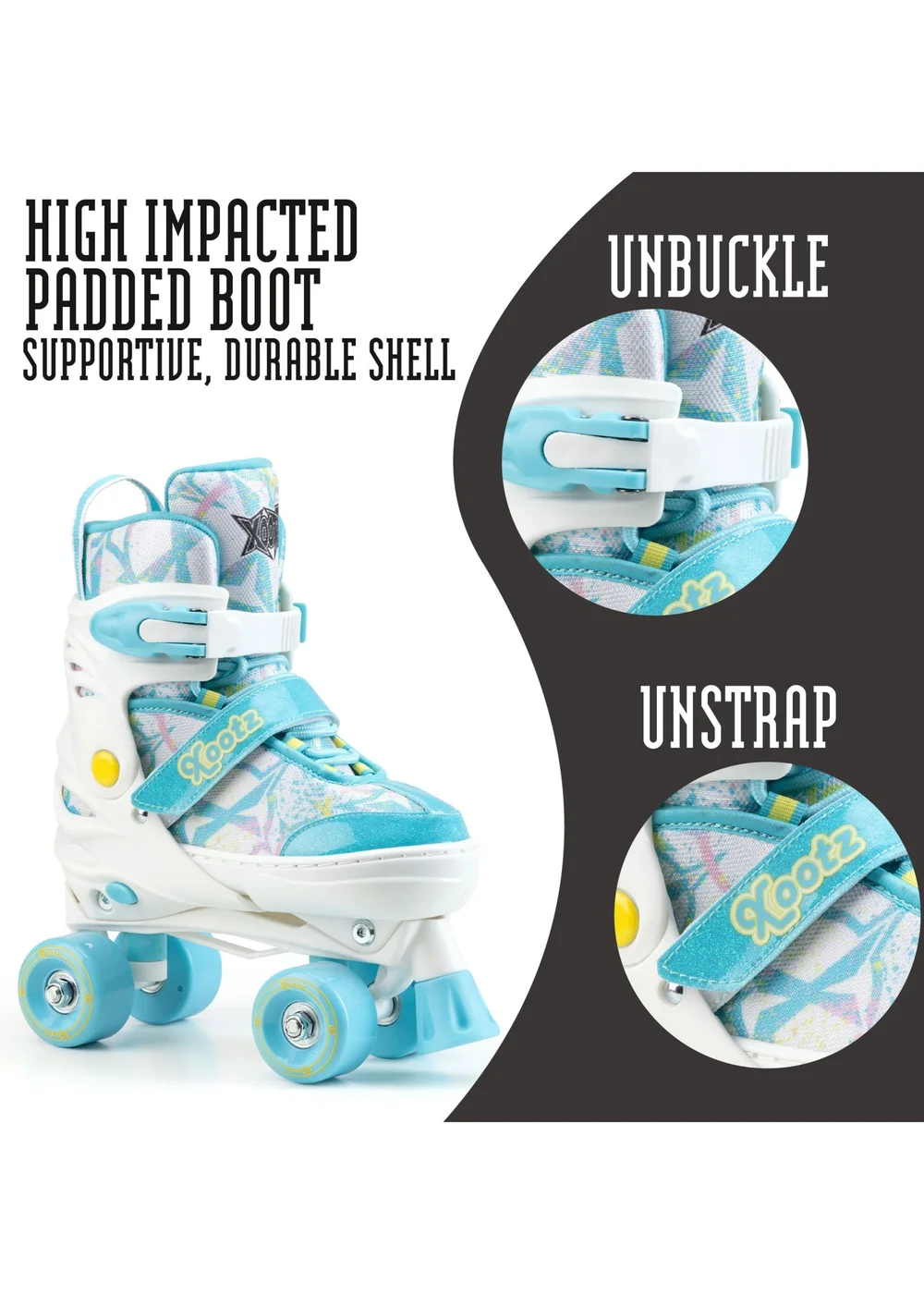 Xootz Semi Soft Bubblegum Skates, Kids Adjustable Roller Skates, Glitter Print Quad Skates with PVC Wheels - M Image 4