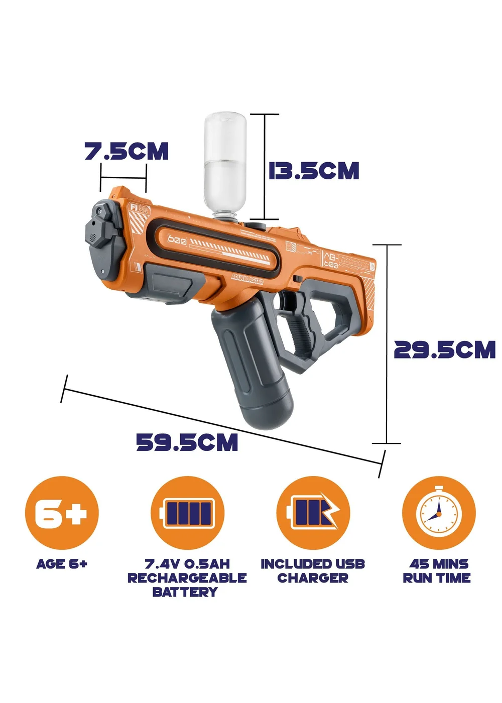 Toyrific Aqua Blaster AB-600 60cm Electric Water Gun Orange - One Size Image 6