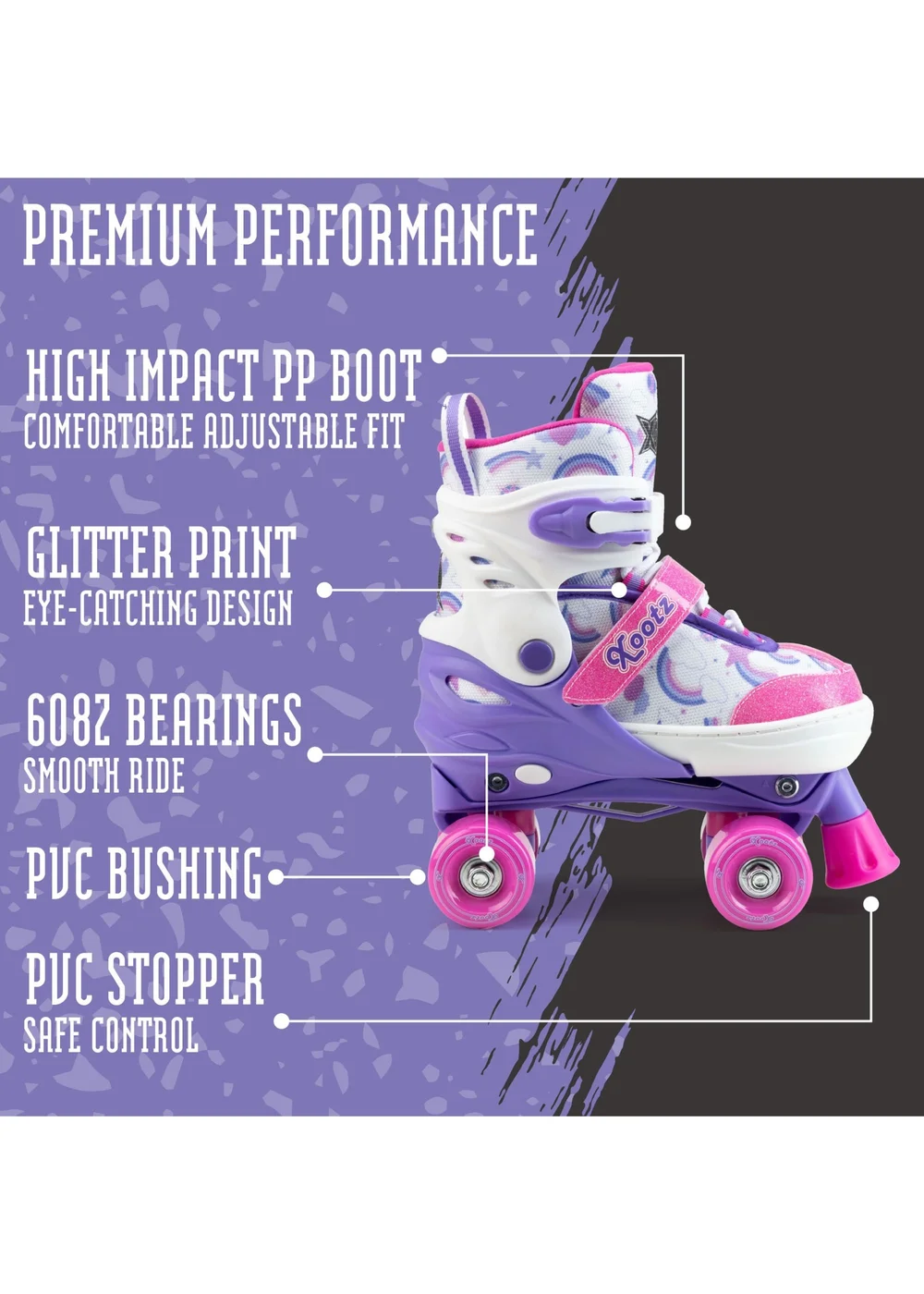 Xootz Semi Soft Stardust Skates, Kids Adjustable Roller Skates, Glitter Print Quad Skates with PVC Wheels - S Image 5