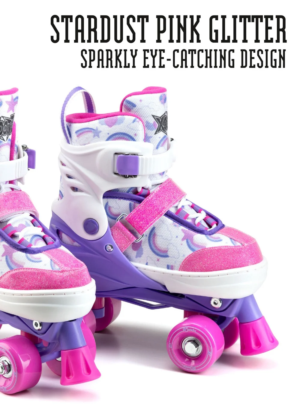 Xootz Semi Soft Stardust Skates, Kids Adjustable Roller Skates, Glitter Print Quad Skates with PVC Wheels - S Image 2