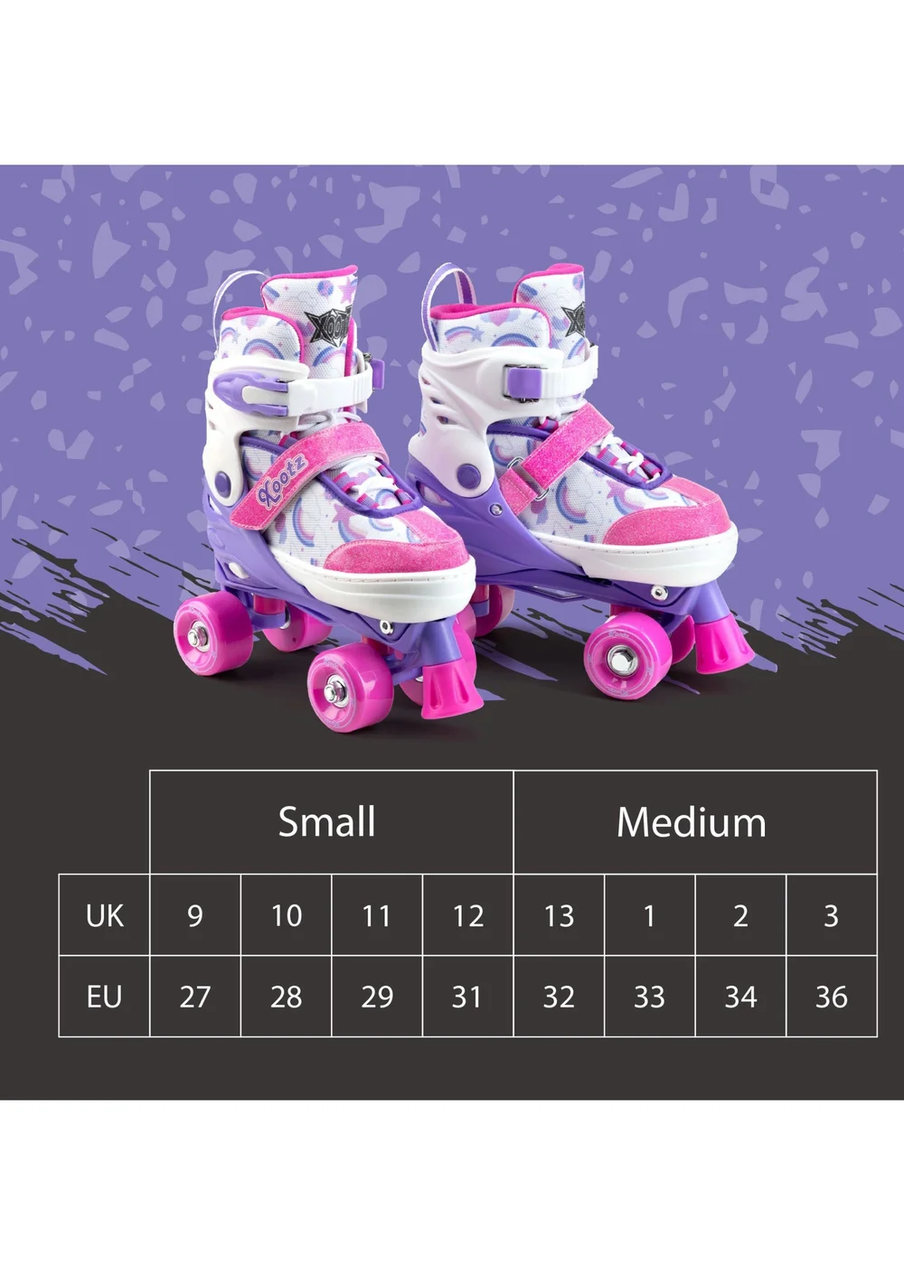 Xootz Semi Soft Stardust Skates, Kids Adjustable Roller Skates, Glitter Print Quad Skates with PVC Wheels - S Image 6