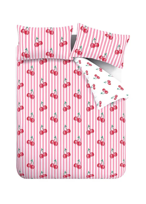 Catherine Lansfield Disco Cherries Stripes Reversible Duvet Cover Set Pink - Single Image 5