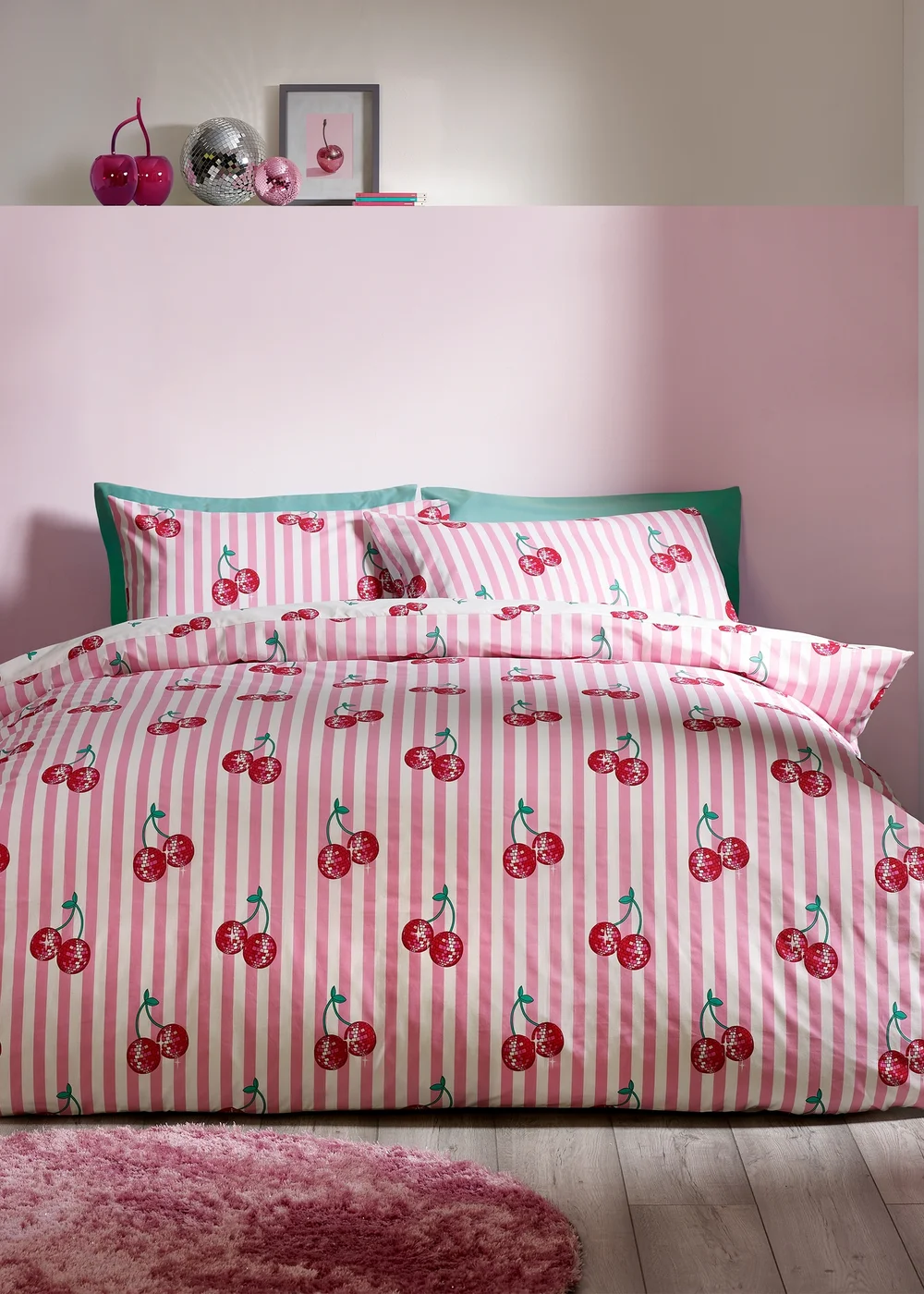 Catherine Lansfield Disco Cherries Stripes Reversible Duvet Cover Set Pink - Single Image 1