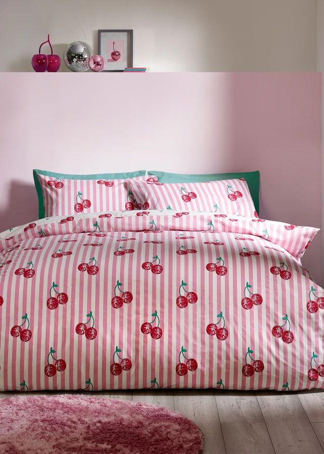 Catherine Lansfield Disco Cherries Stripes Reversible Duvet Cover Set Pink