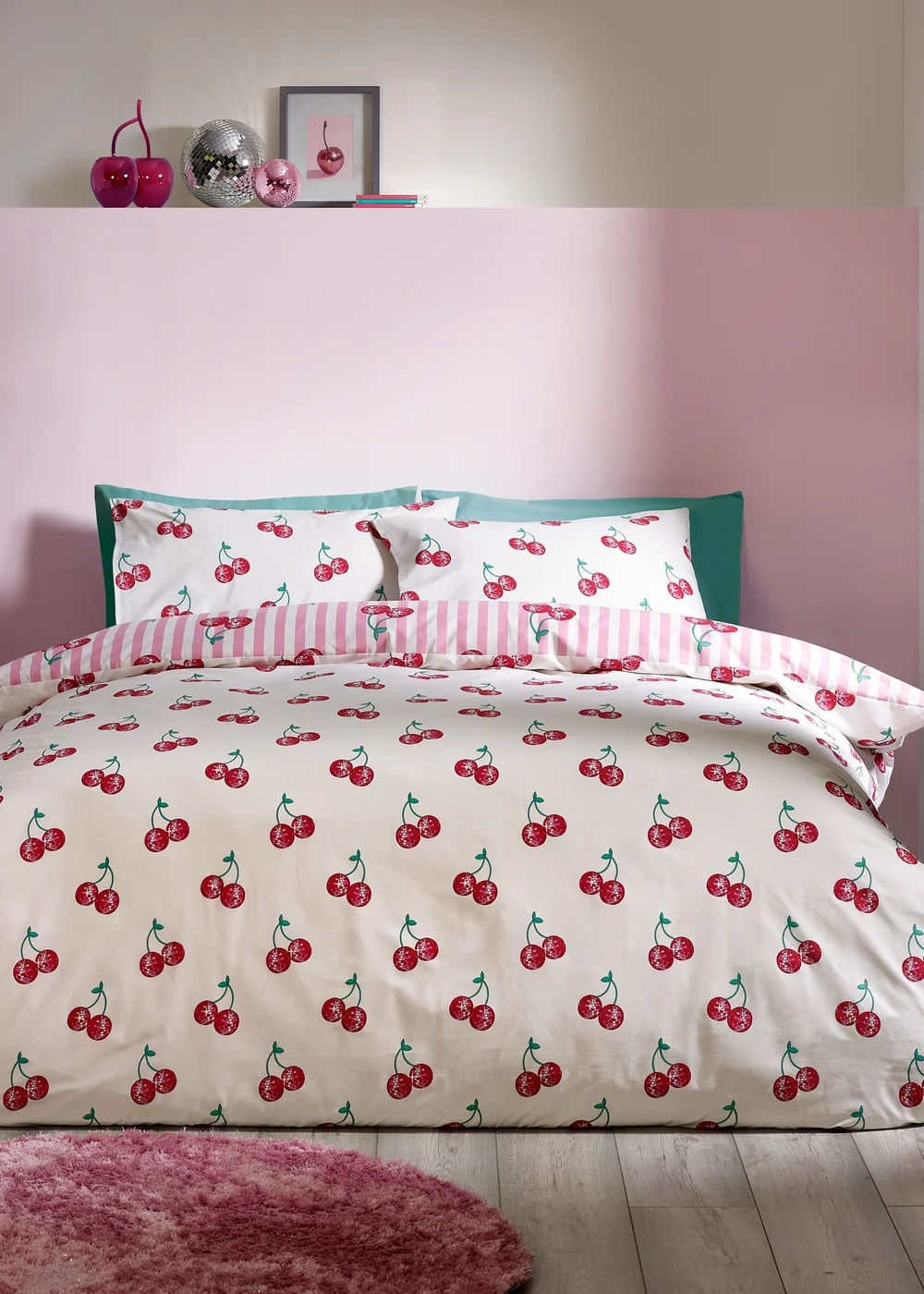 Catherine Lansfield Disco Cherries Stripes Reversible Duvet Cover Set Pink - Single Image 2
