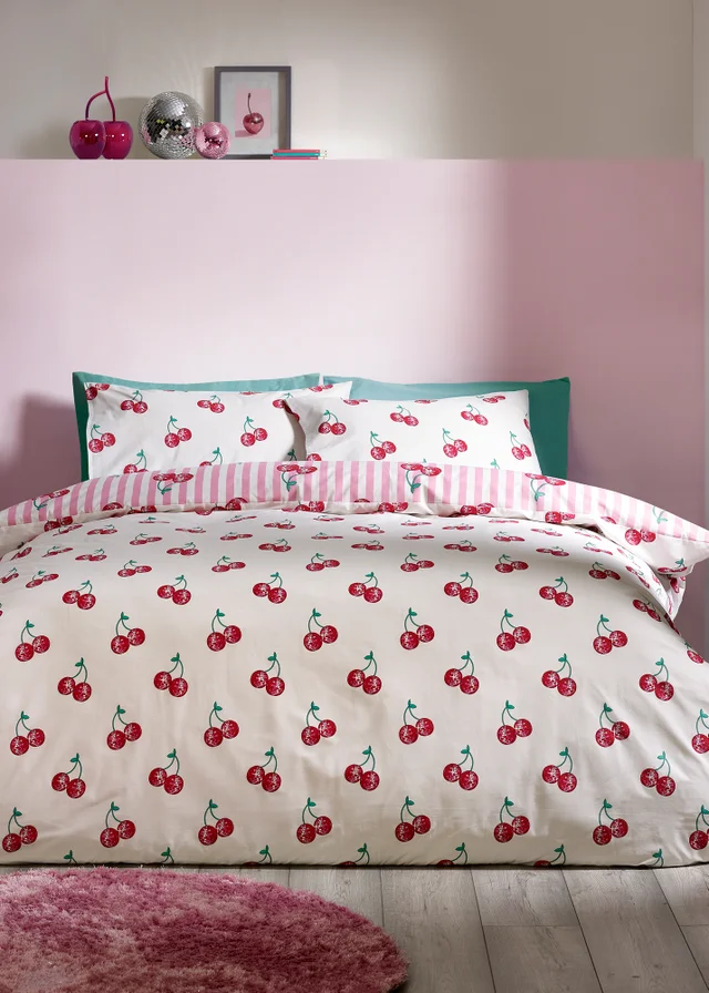 Catherine Lansfield Disco Cherries Stripes Reversible Duvet Cover Set Pink