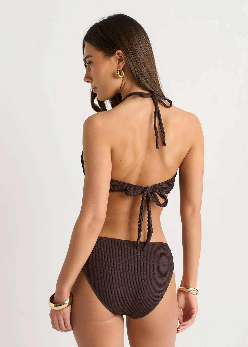 Gini London Chocolate Textured V Bar Halter Neck Bikini Top - 10 Image 2