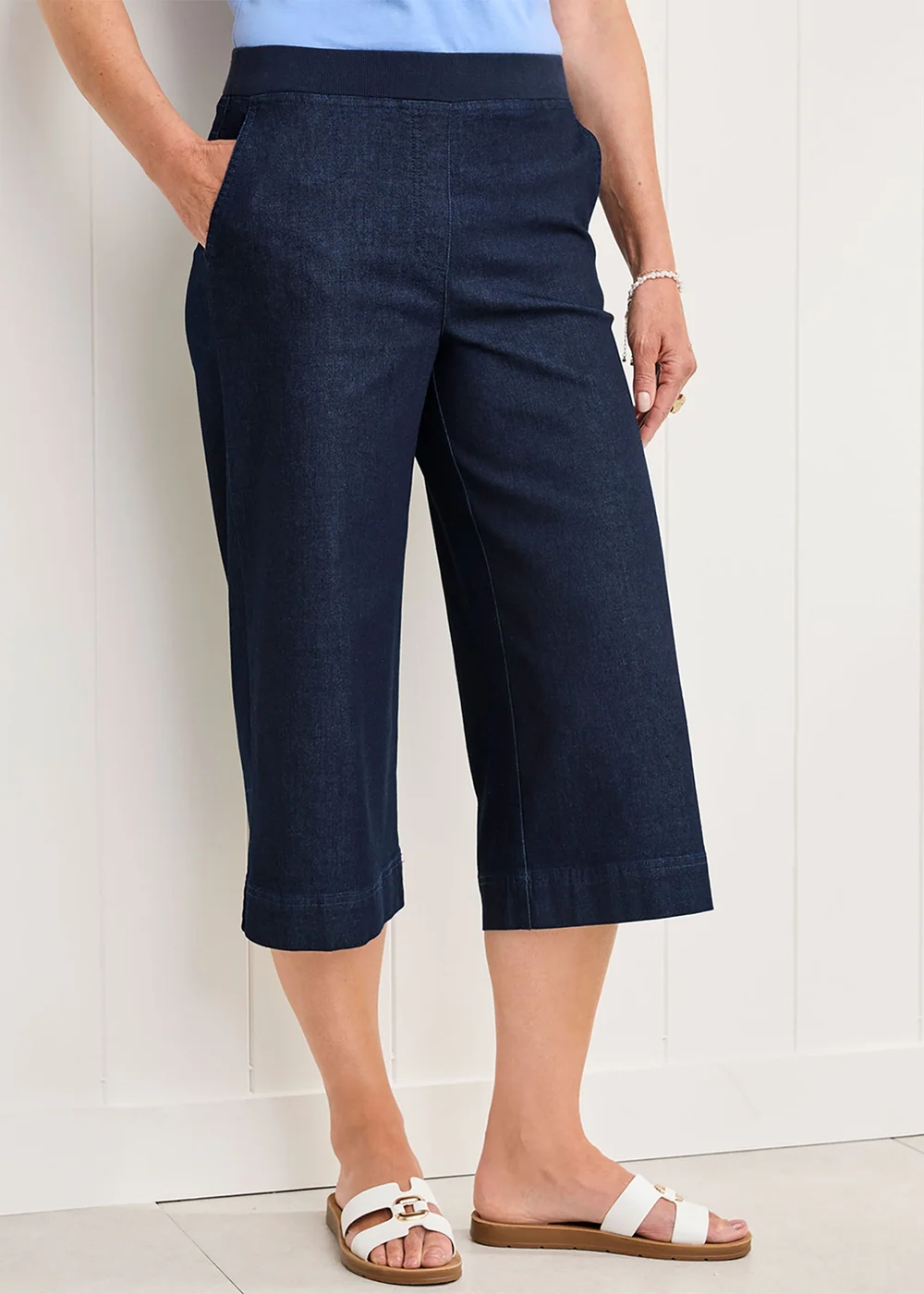 Cotton Traders Dark Blue Wide Leg Crop Pull On Jeans - 10 Image 4