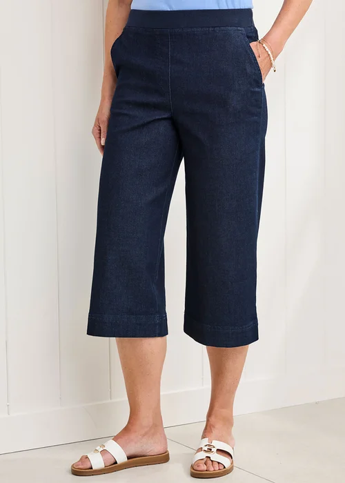 Cotton Traders Dark Blue Wide Leg Crop Pull On Jeans - 10 Image 1
