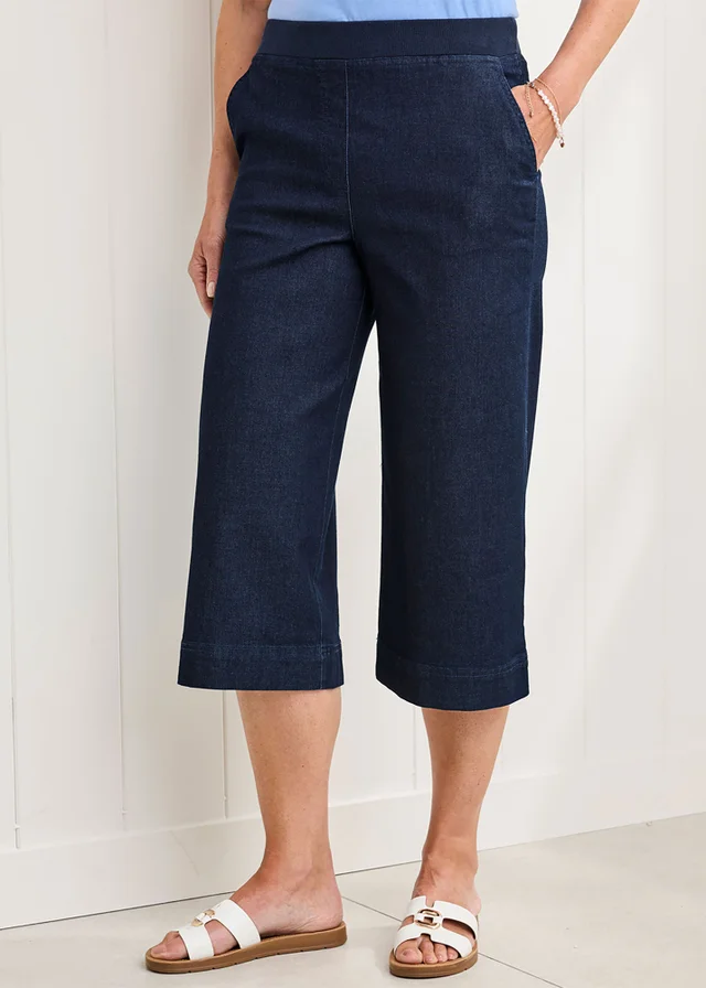 Cotton Traders Dark Blue Wide Leg Crop Pull On Jeans