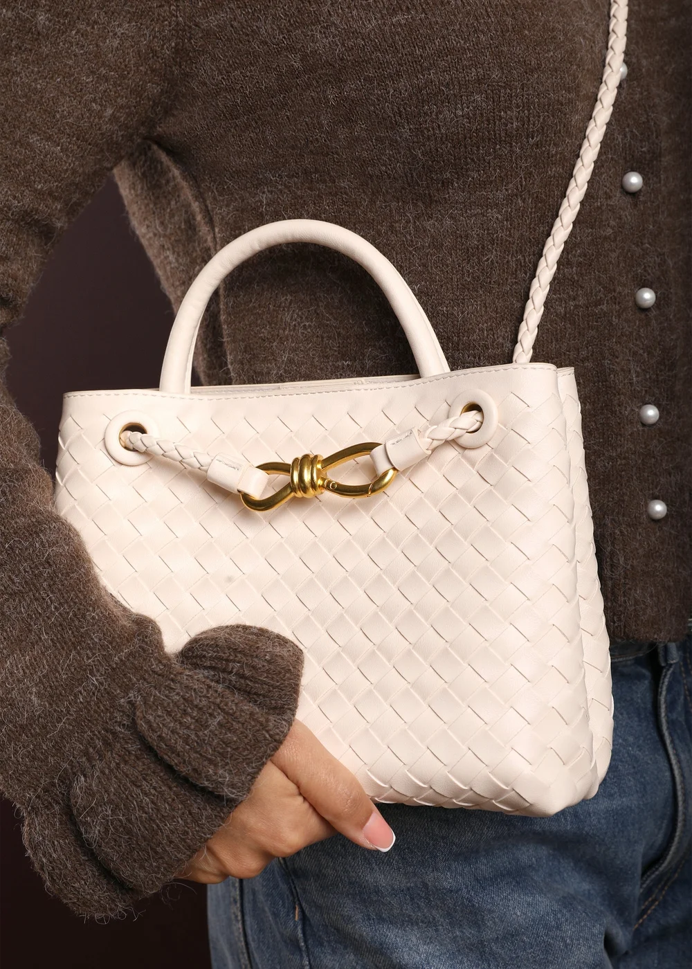 Where's That From Luna Woven Leather Tote bag With Gold Detail In Cream Faux Leather - One Size Image 1