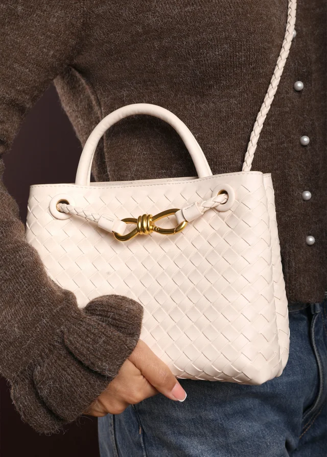 Where's That From Luna Woven Leather Tote bag With Gold Detail In Cream Faux Leather