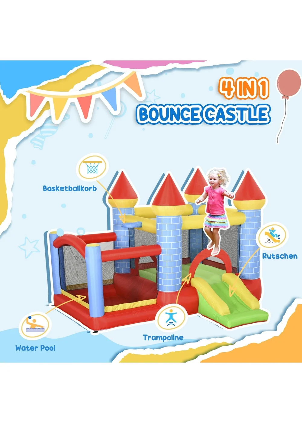 Outsunny Multicoloured Bouncy Castle With Fun Features, Blower, For Ages 3-8 Years - One Size Image 5