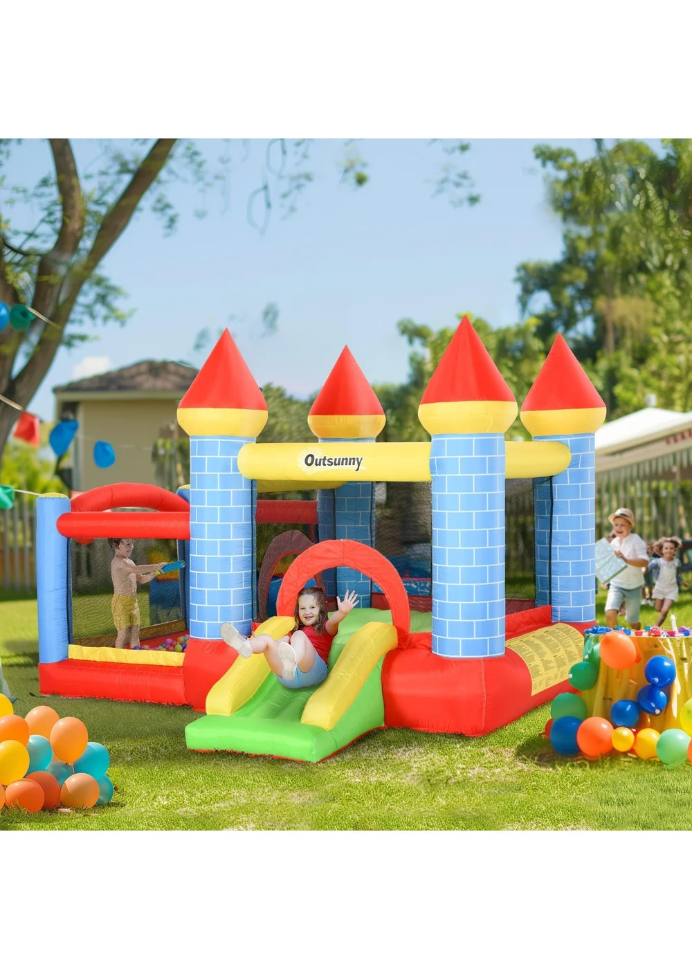 Outsunny Multicoloured Bouncy Castle With Fun Features, Blower, For Ages 3-8 Years - One Size Image 1