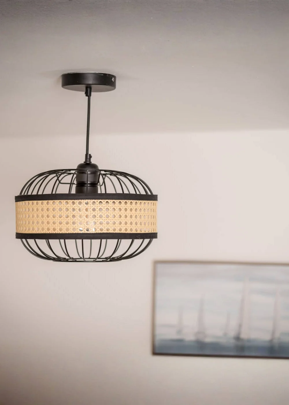 ValueLights Vimet Black Wire Pendant Shade with Wicker Band - One Size Image 1