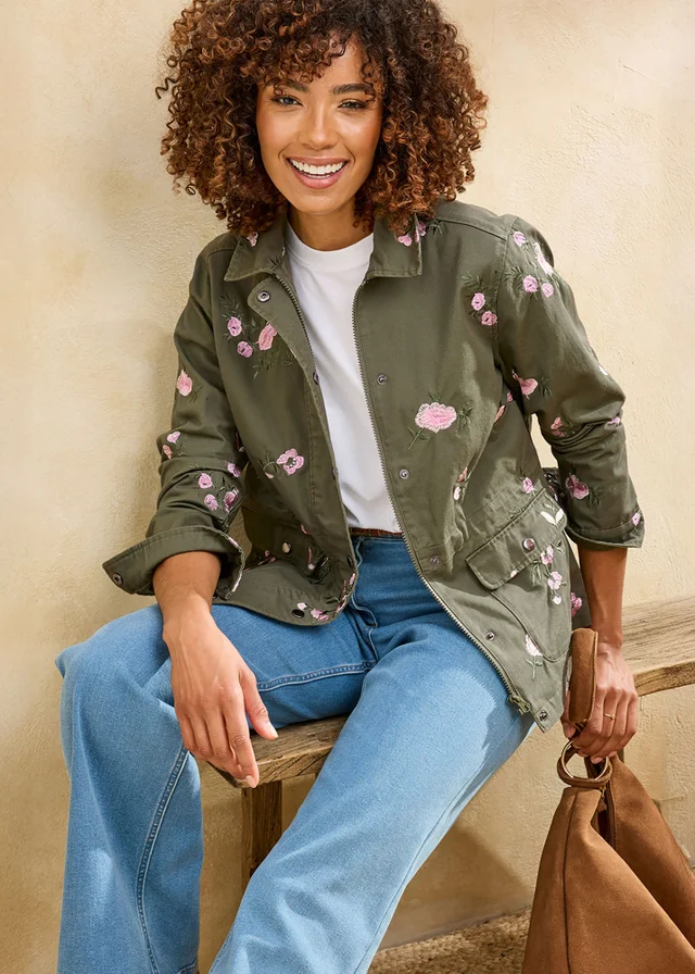 Cotton Traders Khaki Embroidered Cargo Jacket
