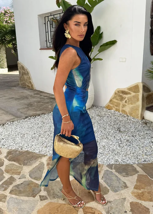 AX Paris Blue Smudge Print Side Waist Cut Out Mesh Midi Dress - 12 Image 4