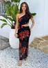 AX Paris Black & Orange Floral Print One Shoulder Cut Out Mesh Midi Dress - 12 Image 3