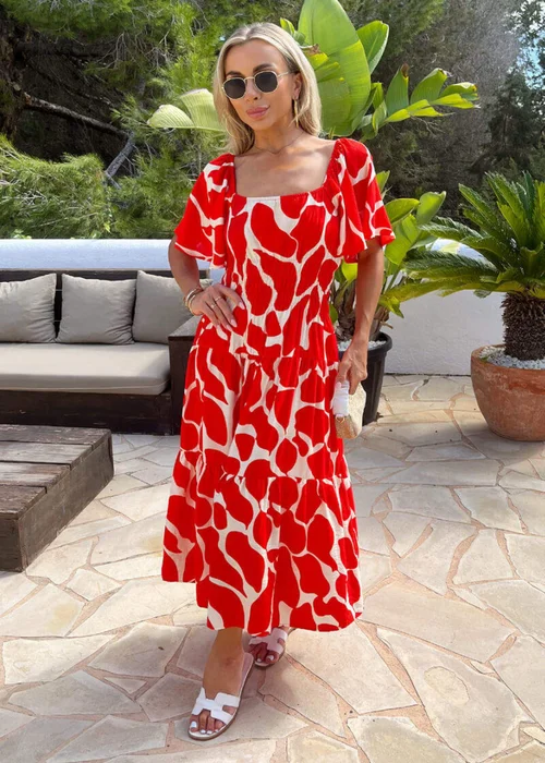 AX Paris Red Abstract Print Shirred Waist Smock Midi Dress - 12 Image 2