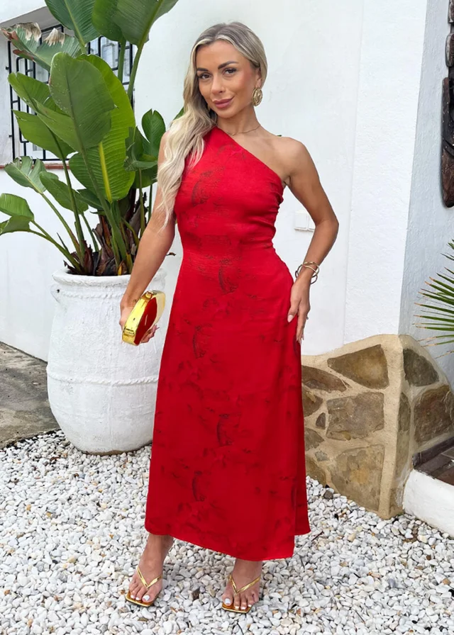 AX Paris Red Smudge Print One Shoulder Twist Back Midi Dress