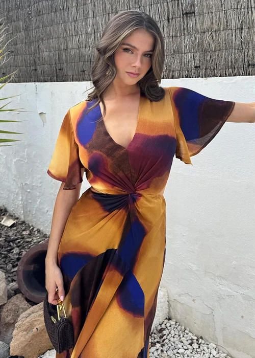 AX Paris Multi Smudge Print Cut Out Knot Detail Midi Dress - 10 Image 3