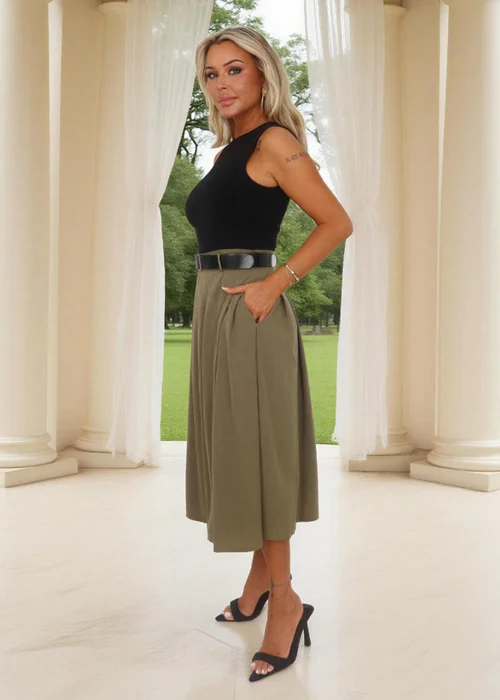 AX Paris Khaki 2 In 1 Pleated Skirt Belted Midi Dress - 8 Image 4