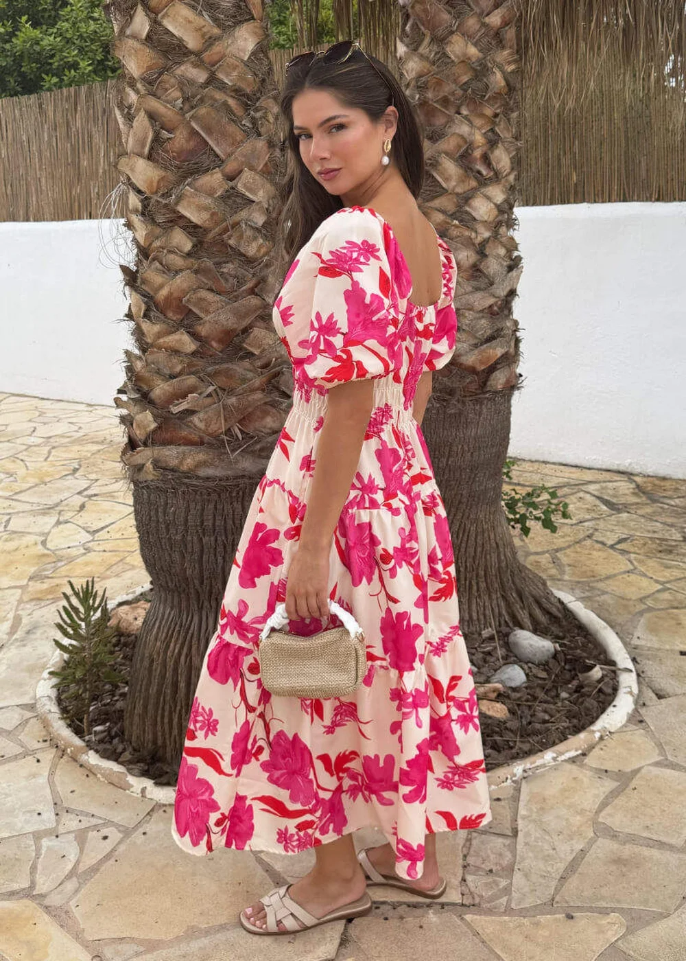 AX Paris Pink And Cream Floral Print Puff Sleeve Smock Midi Dress - 12 Image 4