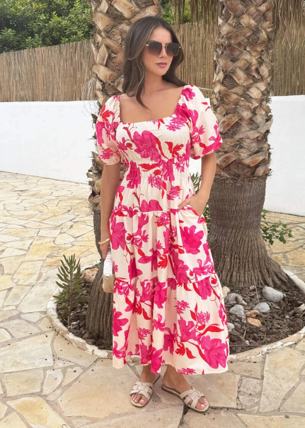 AX Paris Pink And Cream Floral Print Puff Sleeve Smock Midi Dress - 12 Image 3