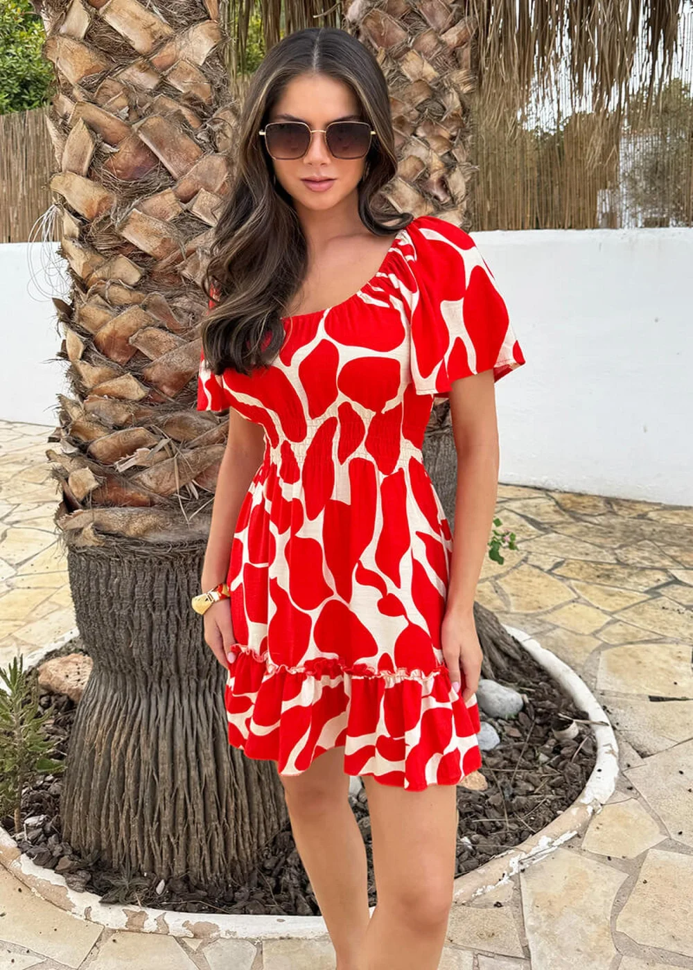 AX Paris Red Abstract Print Butterfly Sleeve Frill Hem Mini Dress - 14 Image 3