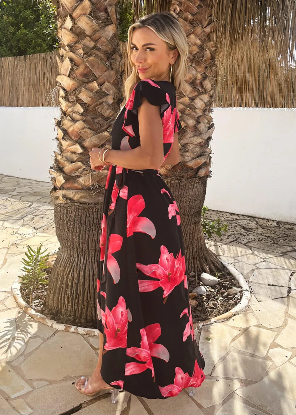AX Paris Black And Cerise Floral Print Belted Wrap Midi Dress - 16 Image 4