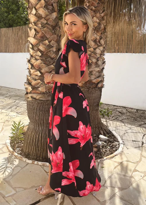 AX Paris Black And Cerise Floral Print Belted Wrap Midi Dress - 16 Image 4