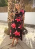 AX Paris Black And Cerise Floral Print Belted Wrap Midi Dress - 16 Image 1