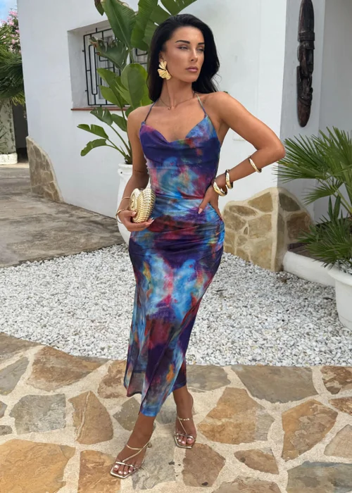 AX Paris Blue Smudge Print Cowl Neck Open Tie Back Mesh Midi Dress - 14 Image 2