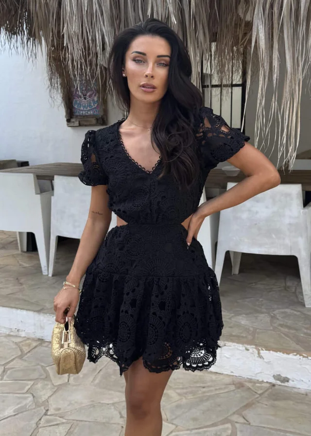 AX Paris Black Crochet Overlay Cut Out Tiered Mini Dress