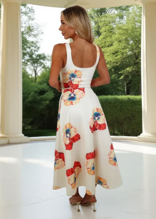 AX Paris Cream Floral Print Square Neck A-line Midi Dress - 16 Image 5