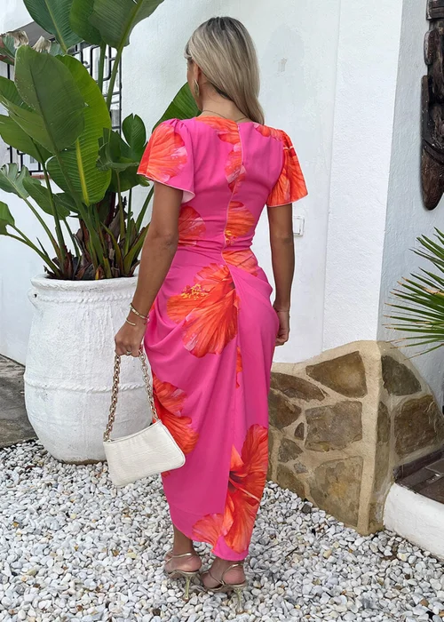AX Paris Pink And Orange Floral Print Flutter Sleeve Gathered Midi Dress - 8 Image 5