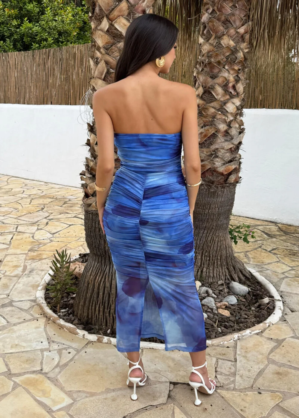 AX Paris Blue Smudge Print Strapless Ruched Bodycon Midi Dress - 6 Image 5
