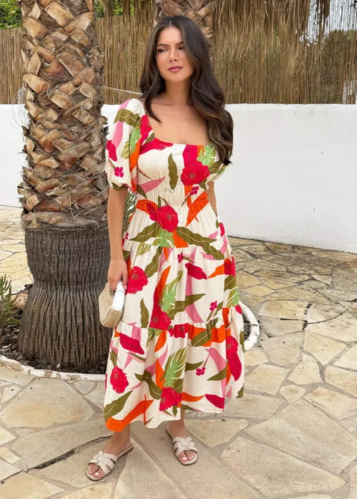 AX Paris Multi Floral Print Shirred Waist Smock Midi Dress - 8 Image 1