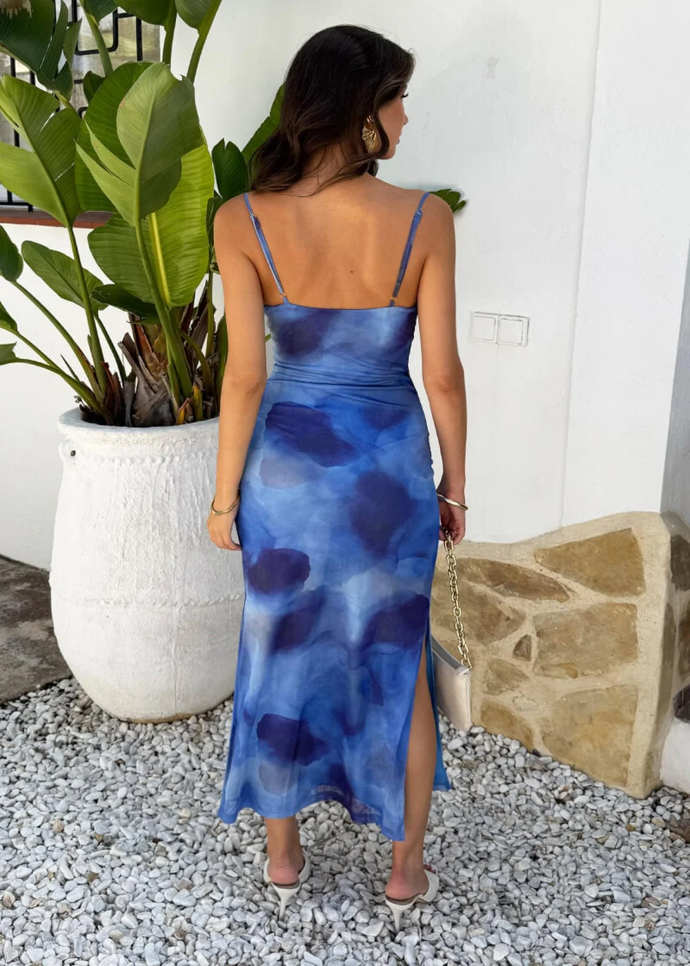 AX Paris Blue Smudge Print Strappy Cowl Mesh Slip Midi Dress - 14 Image 5