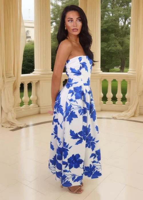 AX Paris Blue & Cream Floral Print Bandeau A-Line Midi Dress - 14 Image 4