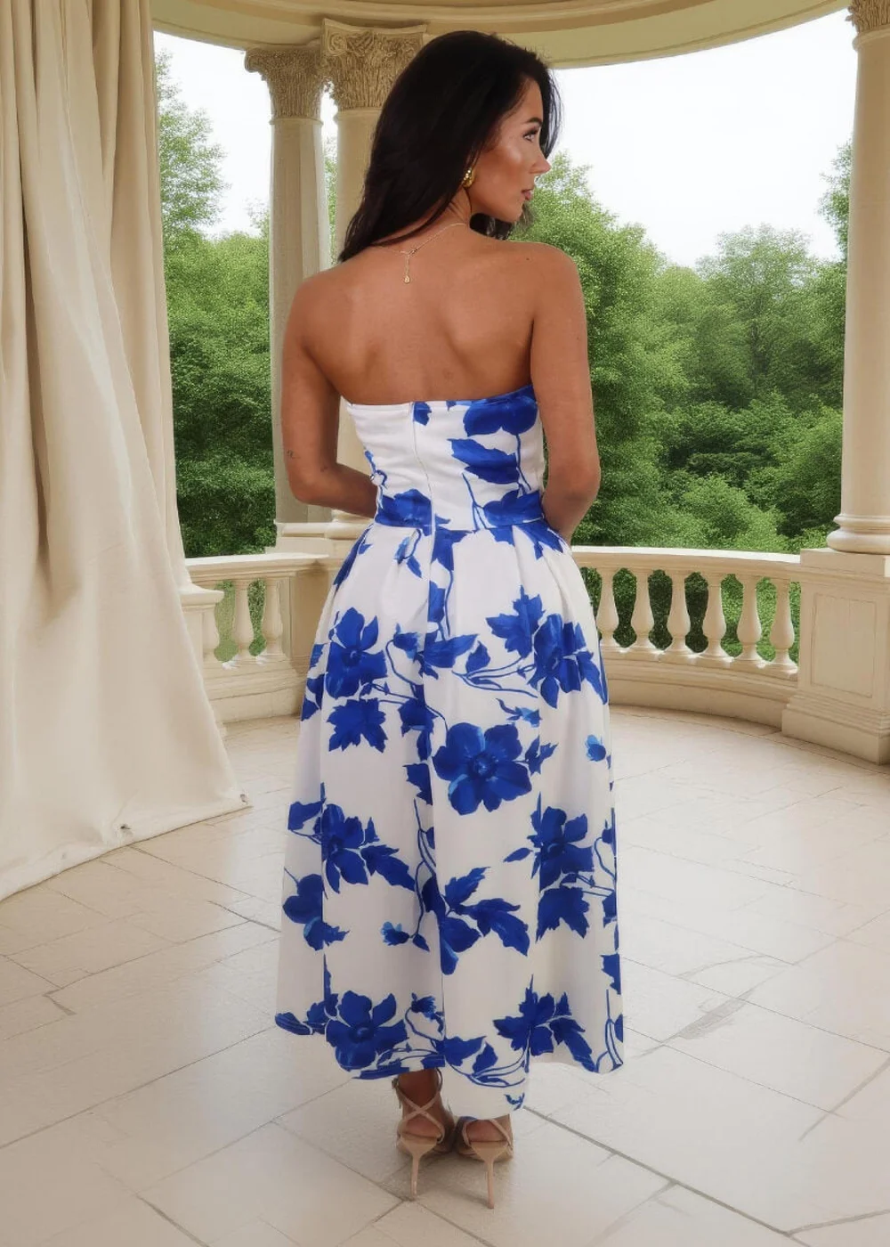 AX Paris Blue & Cream Floral Print Bandeau A-Line Midi Dress - 14 Image 5