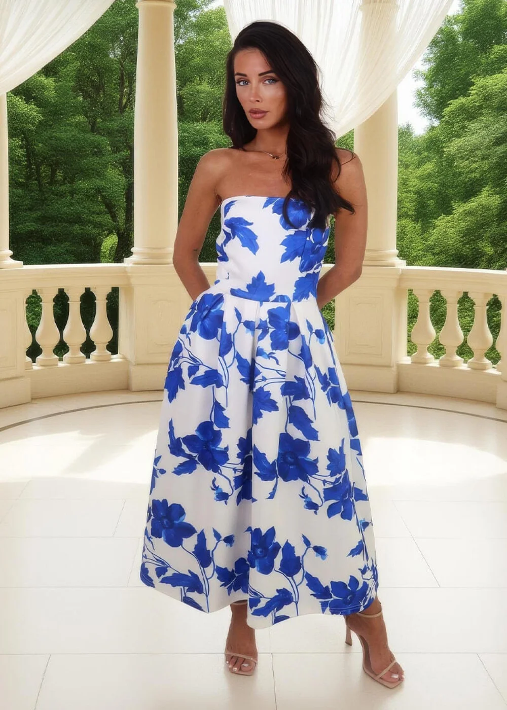 AX Paris Blue & Cream Floral Print Bandeau A-Line Midi Dress - 14 Image 2