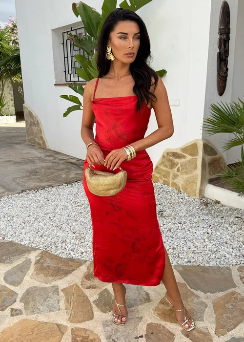 AX Paris Red Printed Ruched Side Strappy Midi Dress - 8 Image 2