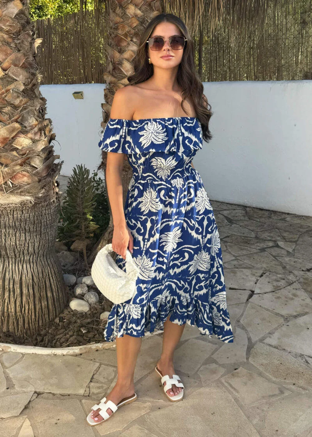 AX Paris Blue Palm Tree Print Bardot Frill Hem Midi Dress - 10 Image 2
