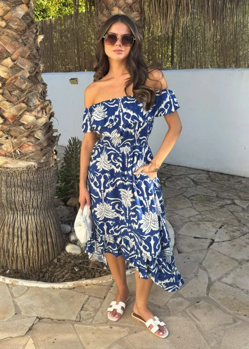 AX Paris Blue Palm Tree Print Bardot Frill Hem Midi Dress - 10 Image 1