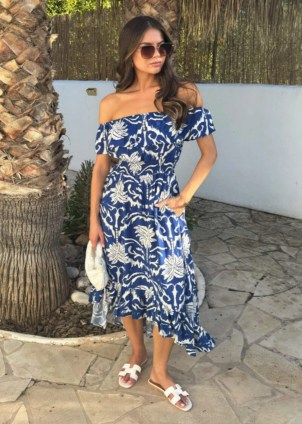AX Paris Blue Palm Tree Print Bardot Frill Hem Midi Dress - 10 Image 3