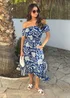 AX Paris Blue Palm Tree Print Bardot Frill Hem Midi Dress - 10 Image 3