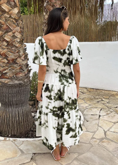 AX Paris Olive & White Smudge Print Shirred Waist Smock Midi Dress - 10 Image 5